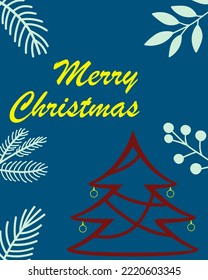 Merry Christmas vector banner, greeting card, poster, holiday cover, header. Flat design with Christmas tree on blue background