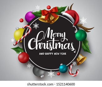 Merry Christmas Vector Banner. Merry Christmas Greetings Card With Circle Frame For Text And Messages With Colorful Xmas Decor Elements In Gray Background. Vector Illustration. 