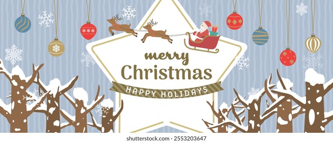 Merry christmas vector banner. Santa Claus and reindeer.