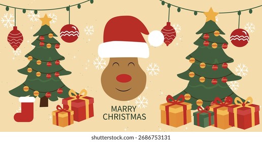 Conjunto de Anuncio de Vector de Navidades alegres - Ilustraciones de Santa, renos y árboles