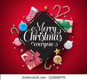 Merry christmas vector banner template. Merry christmas everyone typography greeting  in empty frame for text and messages with xmas elements of gifts, balls, candy cane, stars and santa sock in red.