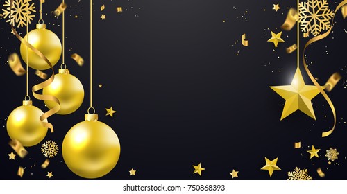 Merry Christmas vector banner text and New Year Xmas background. with beautiful confetti various gold snowflakes,