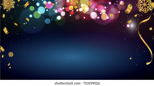 Merry Christmas vector banner text and New Year bokeh background. with beautiful confetti various gold snowflakes,
