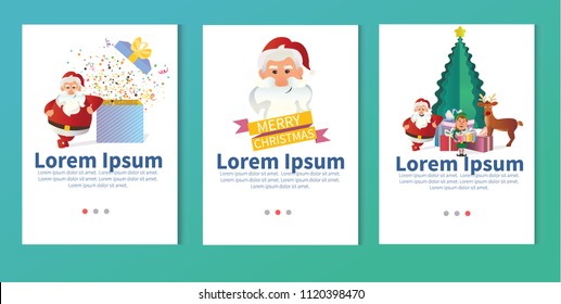 Merry Christmas vector big set of greeting cards. Santa Claus with presents and christmas deer. Happy characters. Cover design. Christmas illustration. -stock vector