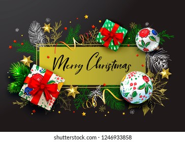 Merry Christmas vector black banner. Realistic 3D illustration with fir tree, balls, gift box, stars. Hand drawn conifers branches, pine cones. Sketch vintage elements. Elegant gold frame.