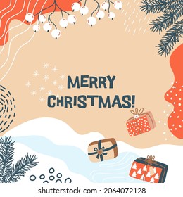¡Feliz Navidad! Borde vectorial, marco. Cajas de regalo, ramas de abeto, nieve, bayas, líneas, curvas y manchas, puntos, copos de nieve.  Ideal para tarjetas o carteles