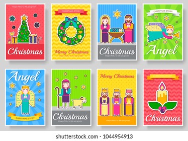 Merry Christmas  vector brochure cards set. birth of Christ template of flyear, magazines, posters, book cover, banners. Layout elements sticker illustrations modern pages