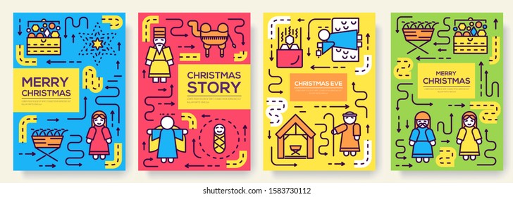 Merry Christmas  vector brochure cards set. Birth of Christ template of flyer, magazines, posters, book cover, banners. Layout elements  illustrations modern pages.