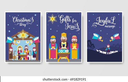 Merry Christmas  vector brochure cards set. birth of Christ template of flyear, magazines, posters, book cover, banners. Layout elements  illustrations modern pages.