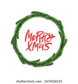 Merry Christmas vector brush calligraphy. Handwritten Christmas typography print for flyer, poster, card, banner. Realistic detailed fir wreath.