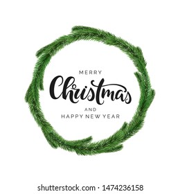 Merry Christmas vector brush calligraphy. Handwritten Christmas typography print for flyer, poster, card, banner. Realistic detailed fir wreath.