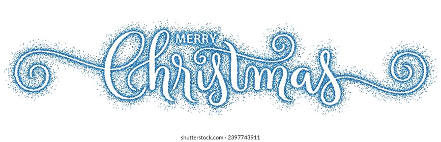 MERRY CHRISTMAS vector brush calligraphy banner with blue confetti on white background