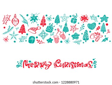 Merry Christmas vector calligraphy lettering text. Xmas scandinavian greeting card. Hand drawn illustration of a cute funny winter elements. Isolated objects