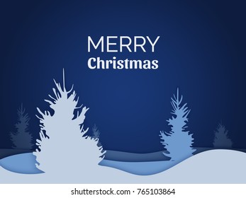 Merry Christmas vector card, blue night with pine trees.