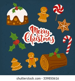 Merry Christmas vector card. Merry Christmas calligraphy. Christmas icons set. 