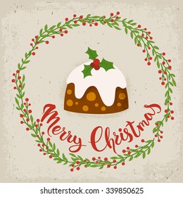 Merry Christmas vector card. Merry Christmas calligraphy. Christmas pudding. 