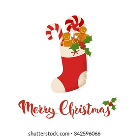 Merry Christmas vector card. Merry Christmas calligraphy. Sock with gifts. 