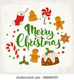 Merry Christmas vector card. Merry Christmas calligraphy. Food icons. 