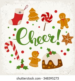 Merry Christmas Vector Card. Cheer! Calligraphy. Food Icons. 