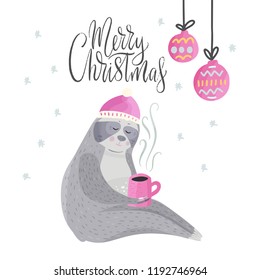 Merry Christmas vector card with cute cartoon sloth drinking coffee. Vector animal illustration in a flat style. Children greeting postcard for winter holiday .