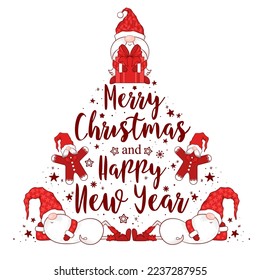 Merry Christmas vector card with cute hand drawn gnomes and lettering isolated on white background. Illustration for gift tag, decoration, banner, t-shirt print, greeting card