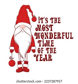 Merry Christmas vector card with cute hand drawn gnome and lettering isolated on white background. Illustration for decoration, banner, t-shirt print, greeting card, gift tag