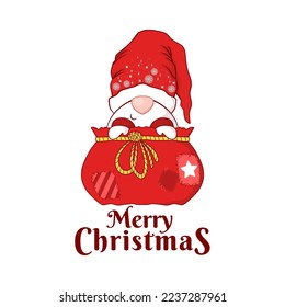 Merry Christmas vector card with cute hand drawn gnome and lettering isolated on white background. Illustration for gift tag, decoration, banner, t-shirt print, greeting card