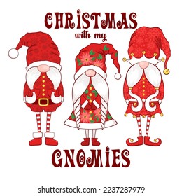 Merry Christmas vector card with cute hand drawn gnomes and lettering isolated on white background. Illustration for banner, greeting card, t-shirt print, decoration, gift tag