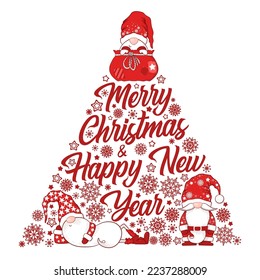 Merry Christmas vector card with cute hand drawn gnomes and lettering isolated on white background. Illustration for gift tag, decoration, banner, greeting card, t-shirt print