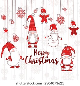 Merry Christmas vector card with cute hand drawn gnomes decorations and lettering isolated on snowflakes pattern background. Illustration for greeting card, print, decoration, banner, gift tag