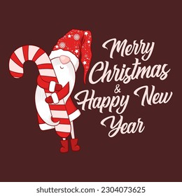 Feliz tarjeta vectorial de Navidad con lindo gnomo dibujado a mano y con letras aisladas en fondo marrón. Ilustración para la impresión de camisetas de bienvenida, tarjeta, decoración, cartel, etiqueta de regalo