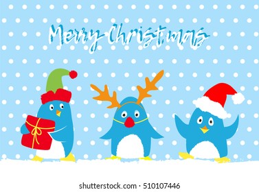 Merry christmas vector card with cute penguins, Group of penguin in Elf, Santa and Deer costumes