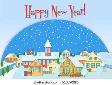 Merry Christmas vector card, cute little town in winter. Happy New Year snow village. Christmas urban and rural city landscape