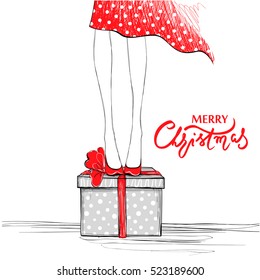 Merry Christmas vector card. Cute design. Holidays illustration with gift box. Xmas background. Sketch style. Lovely poster.