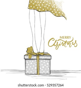 Merry Christmas vector card. Cute design. Holidays illustration with gift box. Xmas background. Sketch style. Lovely poster.