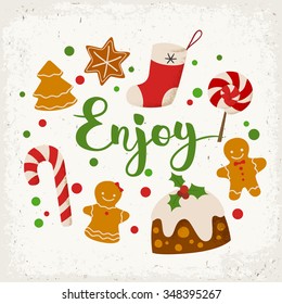Merry Christmas vector card. Enjoy calligraphy. Christmas icons set. Food icons. 