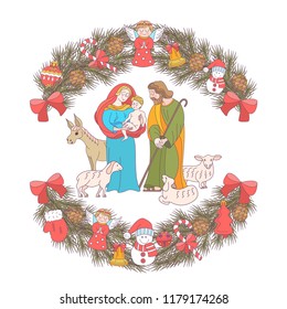Merry Christmas. Vector Christmas card. Fir wreath decorated with Christmas decorations, angels, balls, cones, bells. The virgin Mary holds the baby Jesus. Saint Joseph stands beside them.