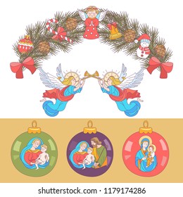 Merry Christmas. Vector Christmas card. Fir wreath decorated with Christmas decorations, angels, balls, cones, bells. Set of Christmas balls with the image of the Holy family