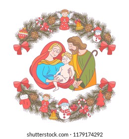 Merry Christmas. Vector Christmas card. Fir wreath decorated with Christmas decorations, angels, balls, cones, bells. The virgin Mary holds the baby Jesus. Saint Joseph stands beside them.