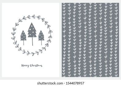 Merry Christmas Vector Card and Floral Pattern. Dark Gray Christmas Trees in a Round Frame Made of Twigs Isolated on a White Background. White Simple Twigs on a Gray. Infantile Style Christmas Art.