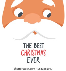 Feliz tarjeta vectorial de Navidad con el gracioso rostro de Santa Claus. Letras dibujadas a mano. Feliz Año Nuevo o la ilustración de Navidad. Caricatura de Cute Padre Frost. Plantilla de diseño de vacaciones.