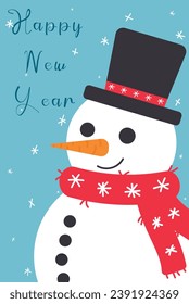 Merry Christmas vector card with funny Christmas character and hand drawn snowflakes. Vintage Christmas card design with snowman and Merry Christmas lettering on blue background