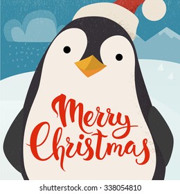 Merry Christmas vector card with funny Christmas character. Vintage Christmas card design with penguin and Merry Christmas lettering