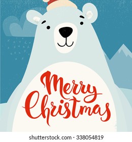 Merry Christmas vector card with funny Christmas character. Vintage Christmas card design with bear and Merry Christmas lettering