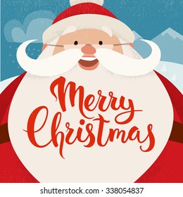 Merry Christmas vector card with funny Christmas character. Vintage Christmas card design with Santa Claus and Merry Christmas lettering