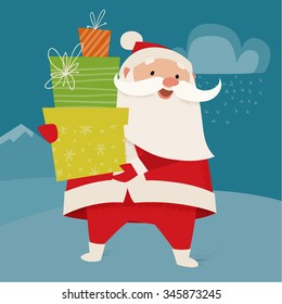 Merry Christmas vector card with funny Christmas character. Vintage Christmas card design with Santa Claus 