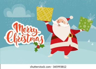 Merry Christmas vector card with funny Christmas character. Vintage Christmas card design with Santa Claus and Merry Christmas lettering