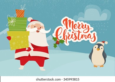 Merry Christmas vector card with funny Christmas character. Vintage Christmas card design with Santa Claus and Merry Christmas lettering