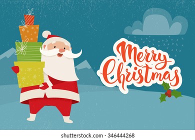 Merry Christmas vector card with funny Christmas character. Vintage Christmas card design with Santa Claus and Merry Christmas lettering