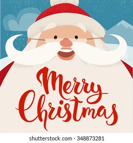 Merry Christmas vector card with funny Christmas character. Vintage Christmas card design with Santa Claus and Merry Christmas lettering